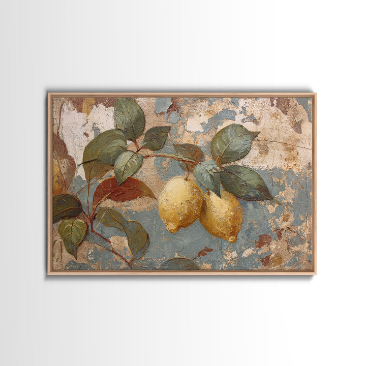 Aged Botanical Plate of Lemons and Leaves Canvas Print, French Country Art, Art Print, Farmhouse Decor, Watercolor Art, Country, FCA-3x2-16