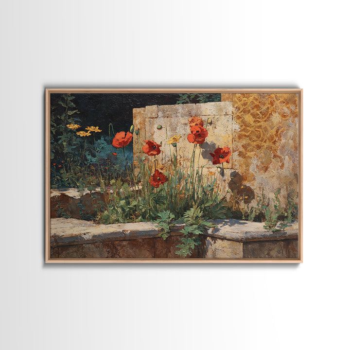 Poppies Beside a Stone Garden Wall Framed Canvas Print, French Country Art, Wall Art, Farmhouse Decor, Fine Art, Country, FCA-3x2-19
