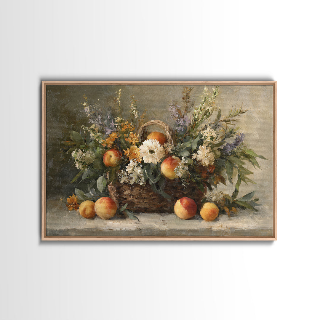 Basket of Fresh Peaches and Wildflowers Framed Canvas Print, French Country Art, Textured Painting, Farmhouse Decor, Country, FCA-3x2-24