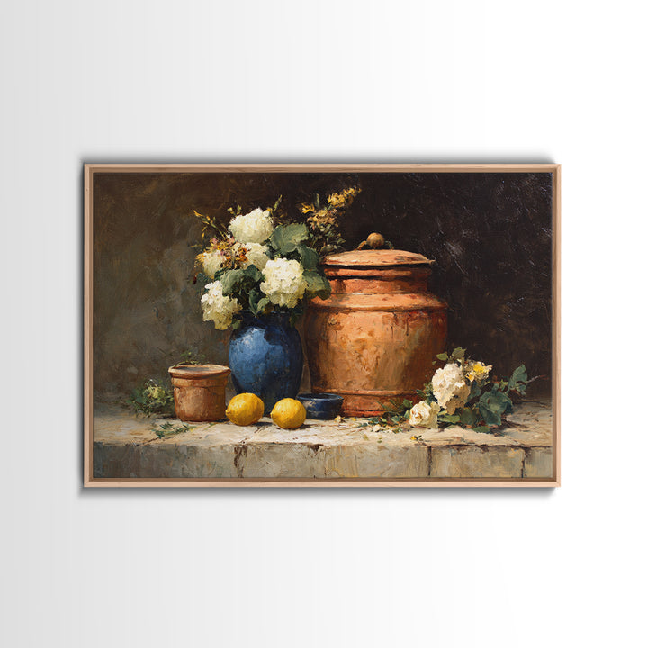 Antique Copper Pot and Flowers Still Life Framed Canvas Print, French Country Art, Boho Decor, Farmhouse Decor, Country, FCA-3x2-28