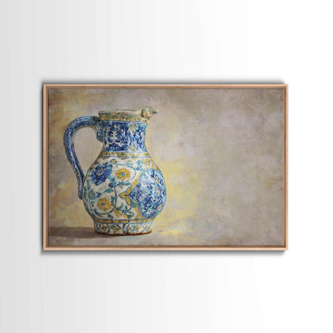 Blue and White Ceramic Pitcher Framed Canvas Print, French Country Art, Digital Art, Farmhouse Decor, Fine Art, Country, FCA-3x2-31