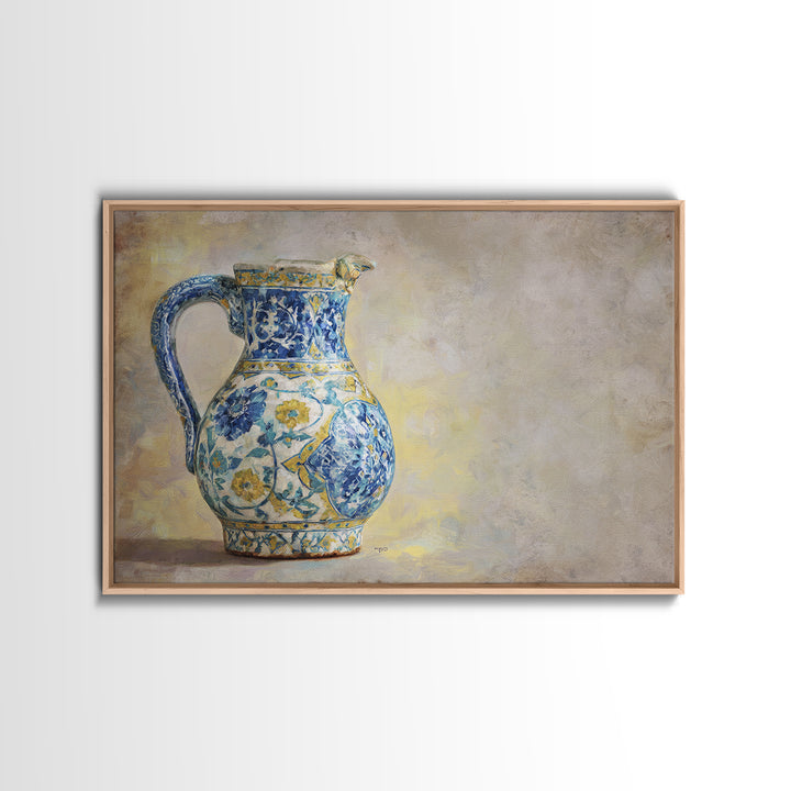 Blue and White Ceramic Pitcher Framed Canvas Print, French Country Art, Digital Art, Farmhouse Decor, Fine Art, Country, FCA-3x2-31