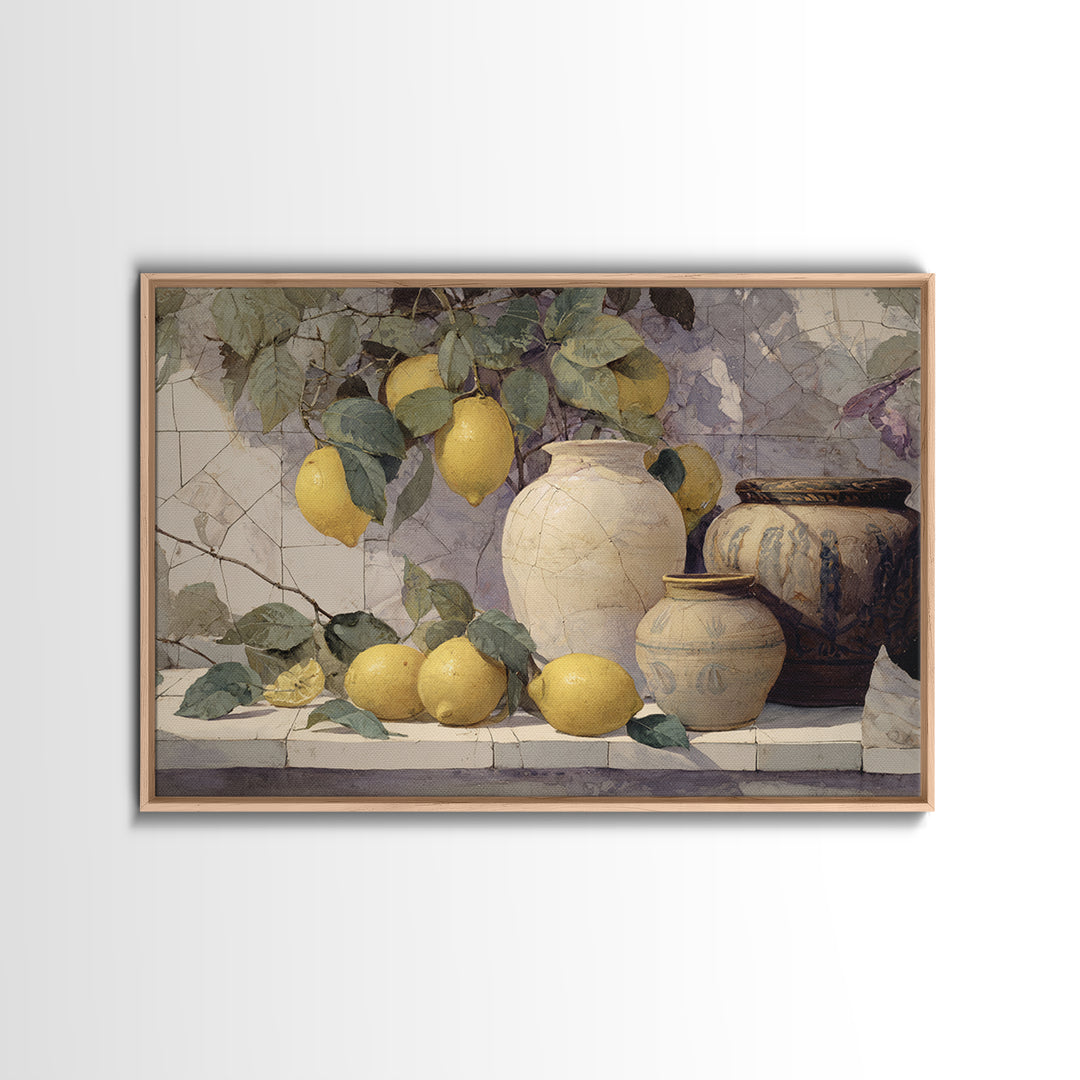 Aged Botanical Plate of Lemons and Leaves Framed Canvas Print, French Country Art, Wall Art, Farmhouse Decor, Watercolor Art, FCA-3x2-40
