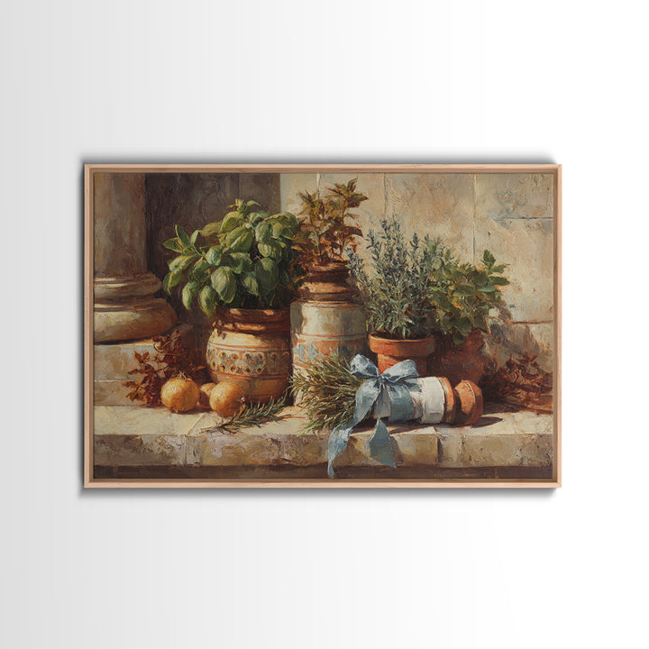 Farmhouse Kitchen Herbs Tied Framed Canvas Print, French Country Art, Digital Wall Art, Farmhouse Decor, Watercolor Art, FCA-3x2-41