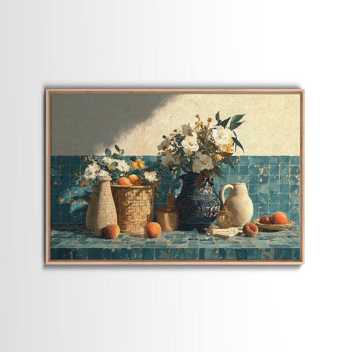 Basket of Fresh Peaches and Wildflowers Canvas Print, French Country Art, Digital Prints, Farmhouse Decor, Fine Art, Country, FCA-3x2-48