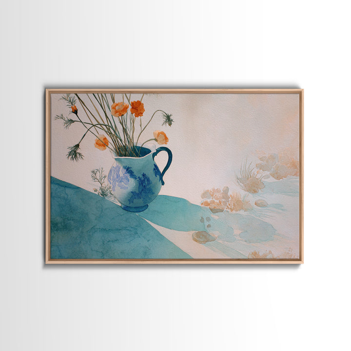 Blue and White Ceramic Pitcher Framed Canvas Print, French Country Art, Landscape Wall Art, Farmhouse Decor, Watercolor Art, FCA-3x2-55