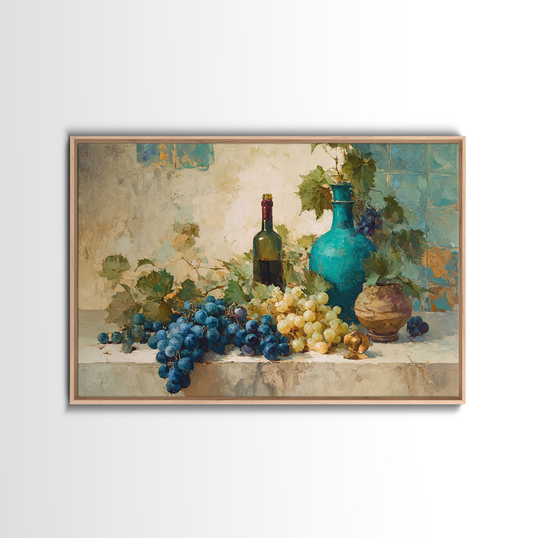 Grapes and Wine Still Life Canvas Print, French Country Art, Oil Painting, Farmhouse Decor, Country, Digital Art Prints, FCA-3x2-61