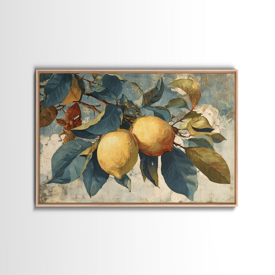 Aged Botanical Plate of Lemons and Leaves Framed Canvas Print, French Country Art, Farmhouse Decor, Fine Art, Country, FCA-3x2-64