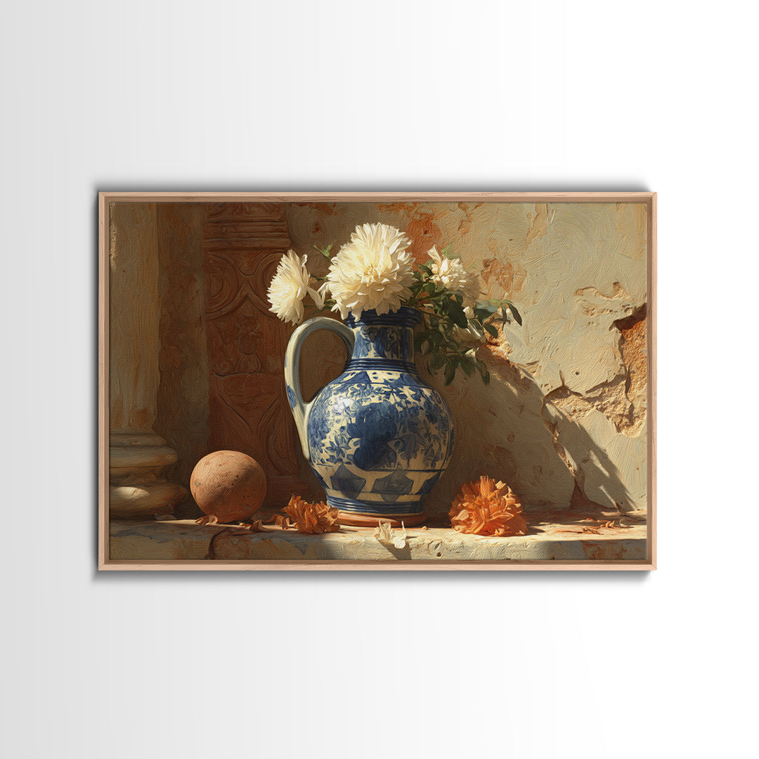 Blue and White Ceramic Pitcher Framed Canvas Print, French Country Art, Landscape Wall Art, Farmhouse Decor, Fine Art, Country, FCA-3x2-7