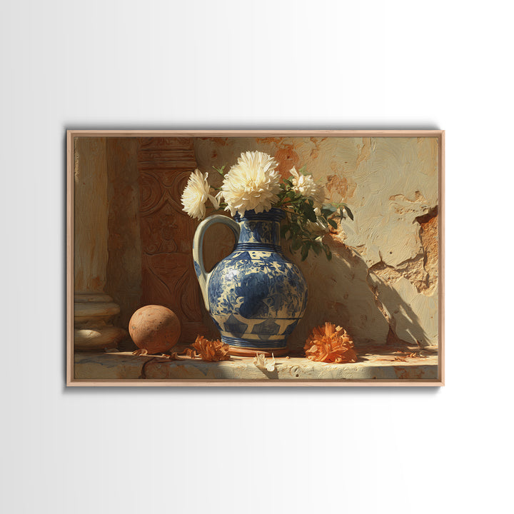 Blue and White Ceramic Pitcher Framed Canvas Print, French Country Art, Landscape Wall Art, Farmhouse Decor, Fine Art, Country, FCA-3x2-7