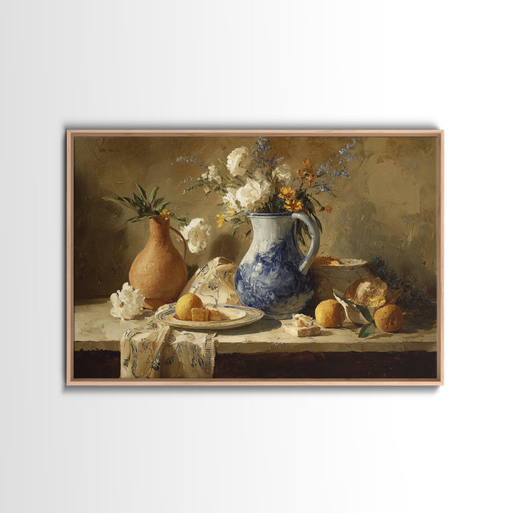 Blue and White Ceramic Pitcher Framed Canvas Print, French Country Art, Digital Art, Farmhouse Decor, Watercolor Art, Country, FCA-3x2-79