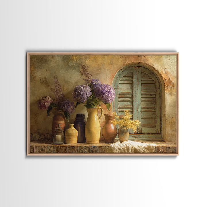 Soft Hydrangeas Beside Antique Shutters Canvas Print, French Country Art, Botanical Prints, Farmhouse Decor, Fine Art, Country, FCA-3x2-84
