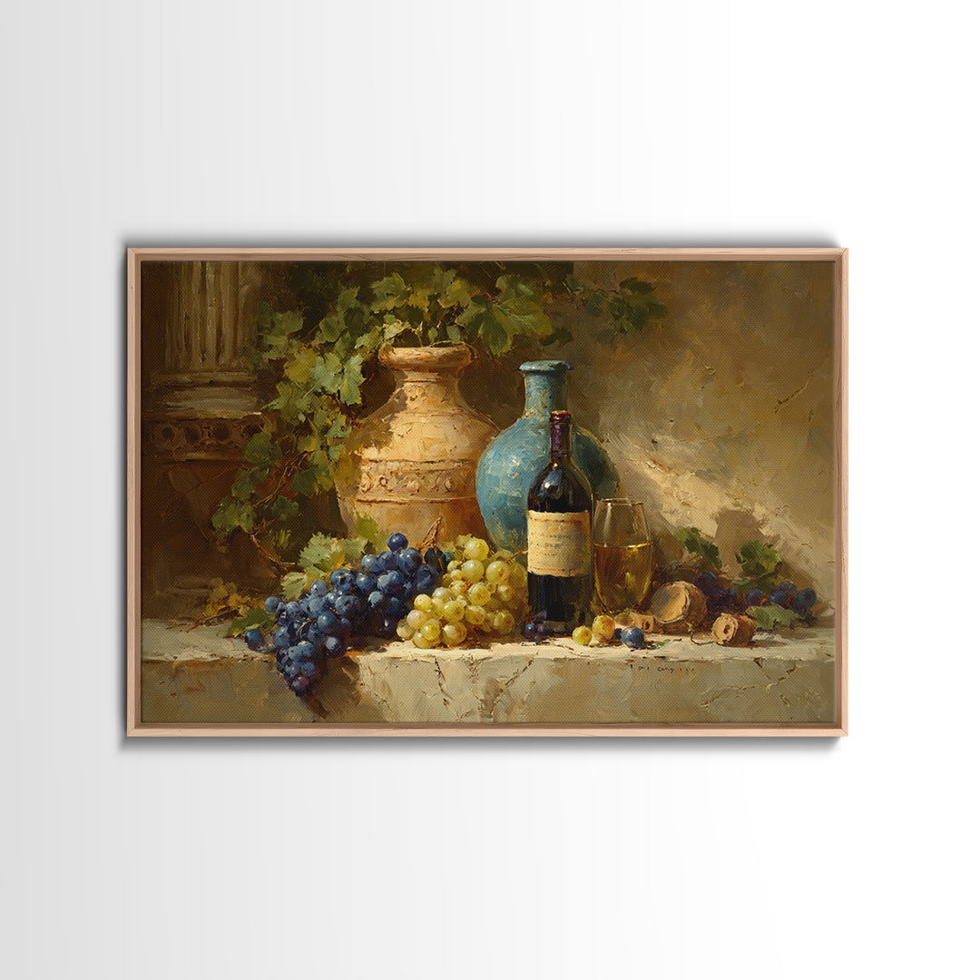 Grapes and Wine Still Life Framed Canvas Print, French Country Art, Farmhouse Decor, Fine Art, Country, Farmhouse Wall Art, FCA-3x2-85