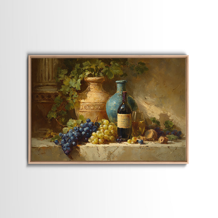 Grapes and Wine Still Life Framed Canvas Print, French Country Art, Farmhouse Decor, Fine Art, Country, Farmhouse Wall Art, FCA-3x2-85