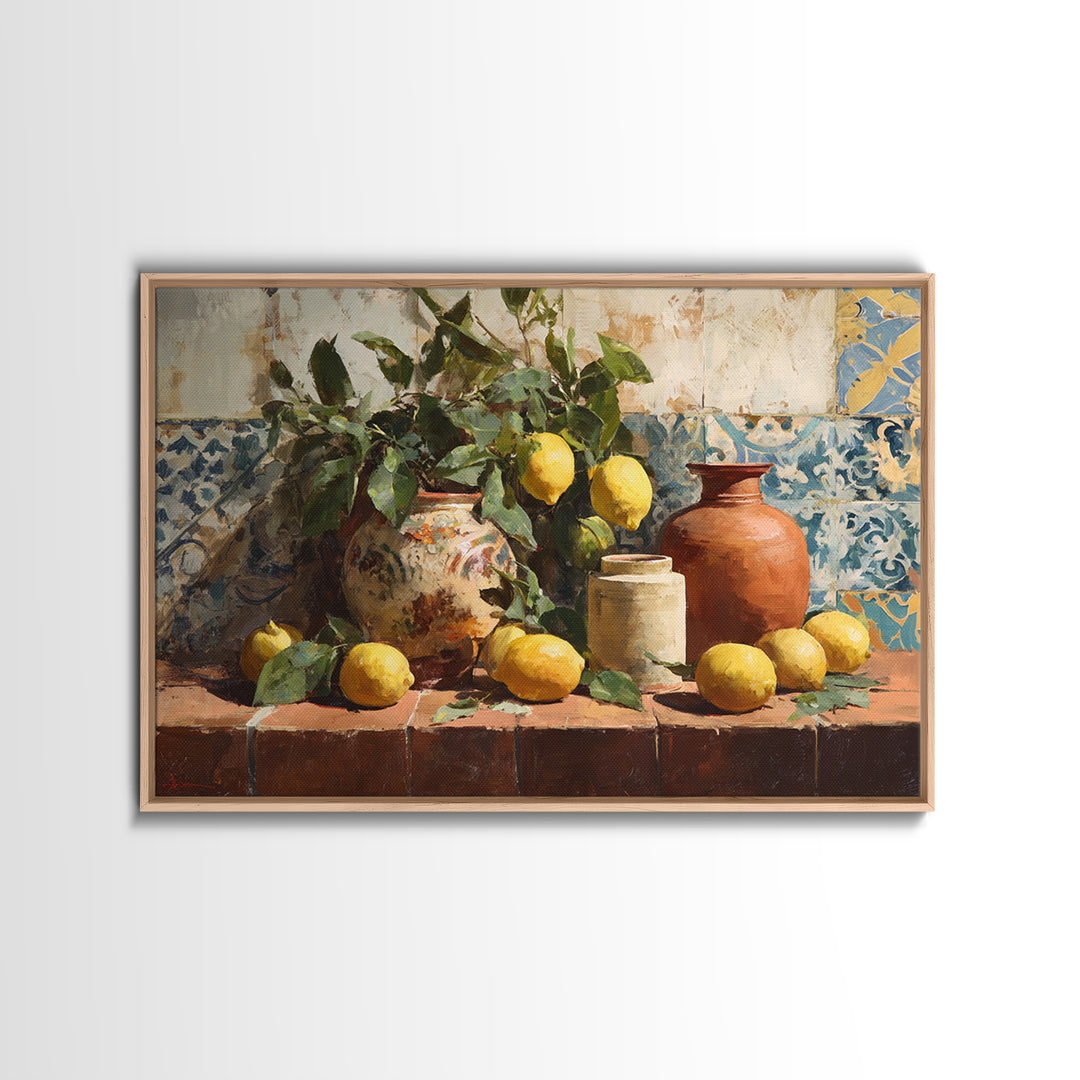 Aged Botanical Plate of Lemons and Leaves Canvas Print, French Country Art, Coastal Wall Art, Farmhouse Decor, Oil Painting, FCA-3x2-88