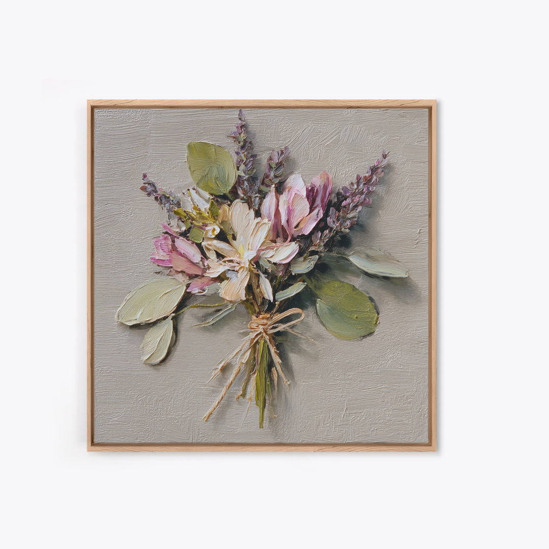 Lavender Bundle Tied Framed Canvas Print, Floral Art, Neutral Tone Abstract Floral Art, Living Room Decor, Fine Art, Bloom, FLO-1x1-34