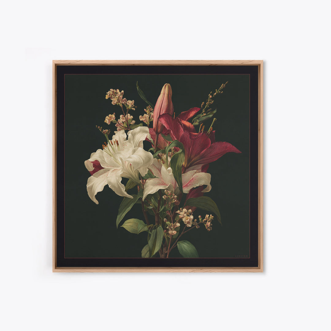 Lily Bouquet with Dramatic Dark Background Framed Canvas Print, Floral Art, Dark Academia Decor, Living Room Decor, Bloom, FLO-1x1-44