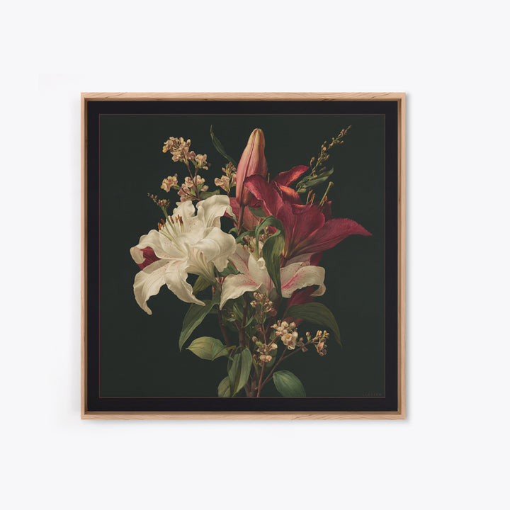 Lily Bouquet with Dramatic Dark Background Framed Canvas Print, Floral Art, Dark Academia Decor, Living Room Decor, Bloom, FLO-1x1-44