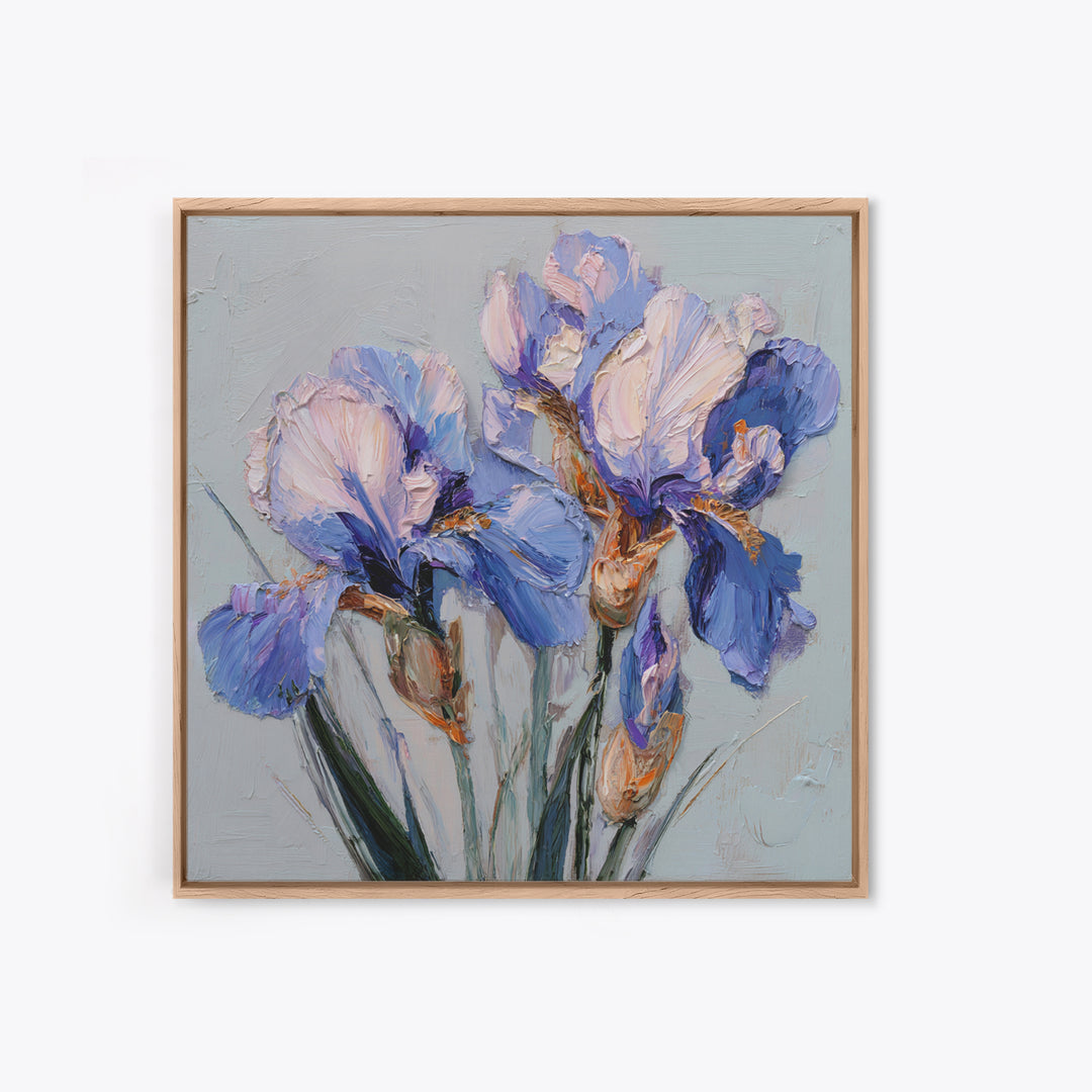 Irises Painted with Expressive Blue Strokes Framed Canvas Print, Floral Art, Botanical Curtain, Living Room Decor, Oil Painting, FLO-1x1-46