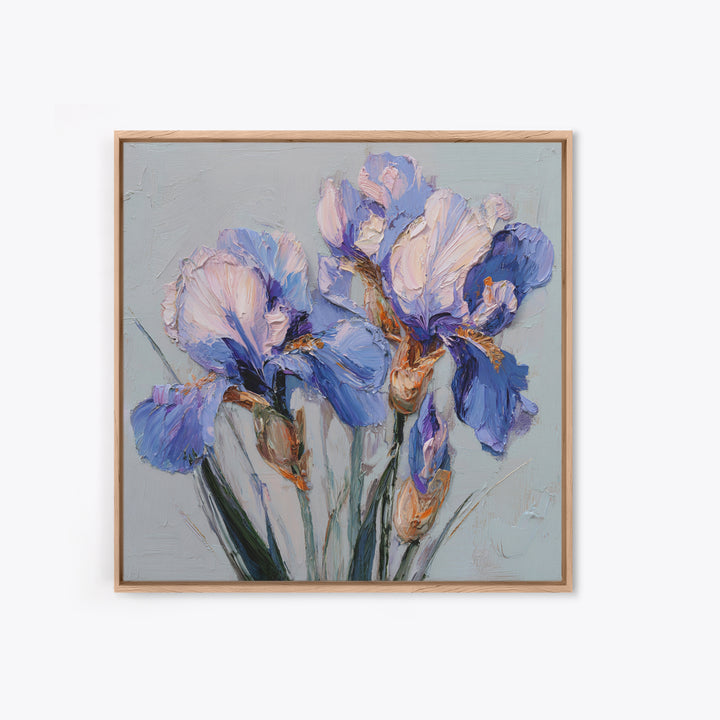 Irises Painted with Expressive Blue Strokes Framed Canvas Print, Floral Art, Botanical Curtain, Living Room Decor, Oil Painting, FLO-1x1-46