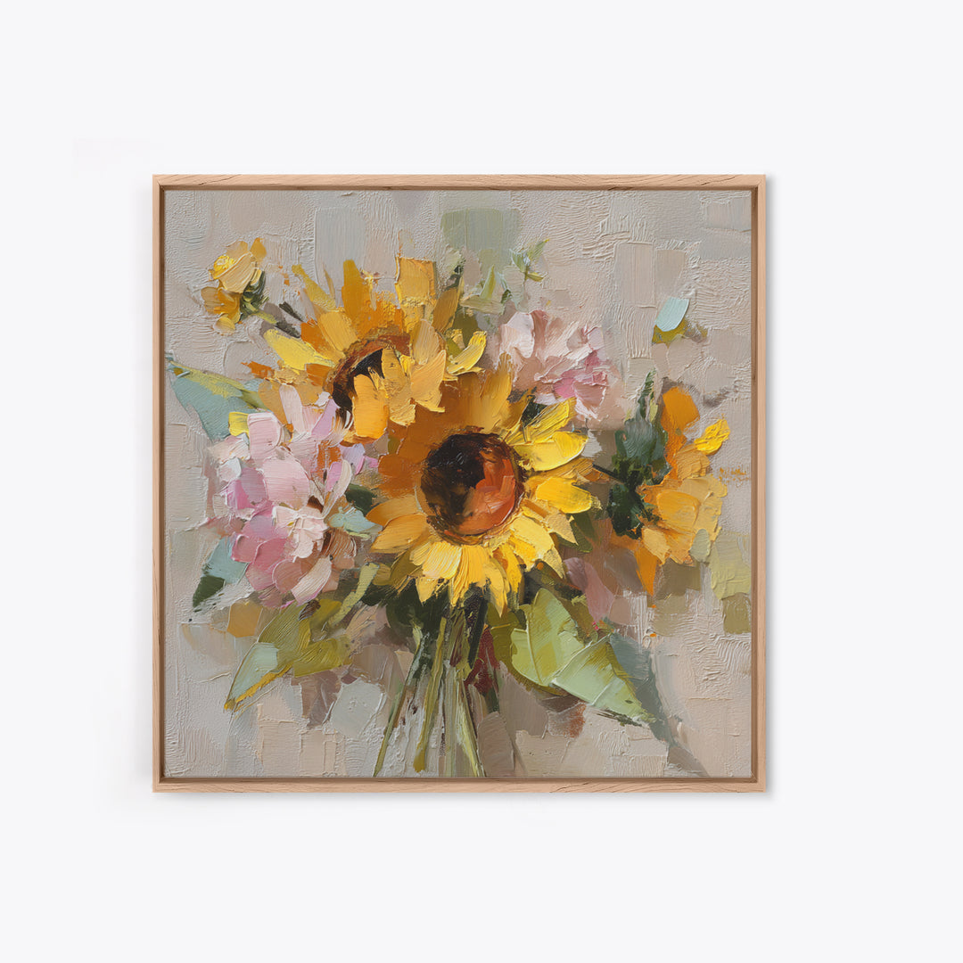 Sunflower Bouquet in Bold Golden Tones Framed Canvas Print, Floral Art, Textured Painting, Living Room Decor, Fine Art, Bloom, FLO-1x1-53