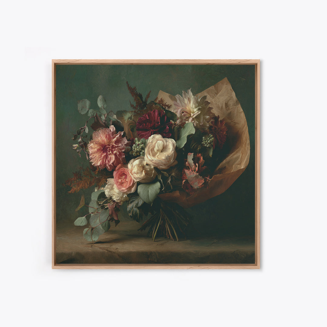 Romantic Bouquet Wrapped Framed Canvas Print, Floral Art, Modern Southern Floral Art, Living Room Decor, Fine Art, Bloom, FLO-1x1-72