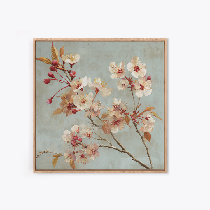 Delicate Cherry Blossom Branch on Pale Sky Framed Canvas Print, Floral Art, Statement Artwork, Living Room Decor, Bloom, FLO-1x1-78