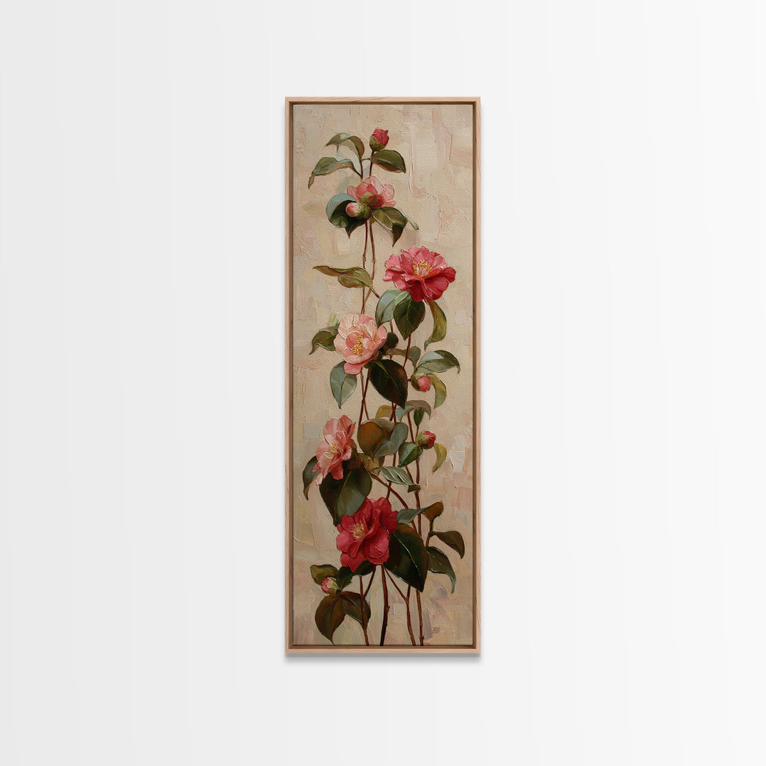 Camellia Bloom with Glossy Leaves Canvas Print, Floral Art, Botanical Curtain, Living Room Decor, Oil Painting, Bloom, FLO-1x3-100