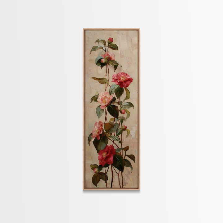 Camellia Bloom with Glossy Leaves Canvas Print, Floral Art, Botanical Curtain, Living Room Decor, Oil Painting, Bloom, FLO-1x3-100