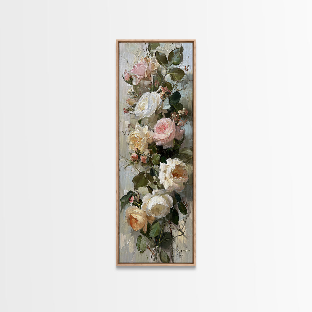 Floral Wreath of Garden Roses and Herbs Framed Canvas Print, Floral Art, Textured Painting, Living Room Decor, Fine Art, Bloom, FLO-1x3-53