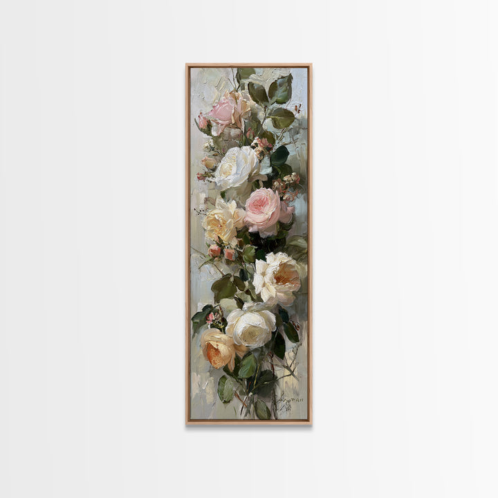 Floral Wreath of Garden Roses and Herbs Framed Canvas Print, Floral Art, Textured Painting, Living Room Decor, Fine Art, Bloom, FLO-1x3-53
