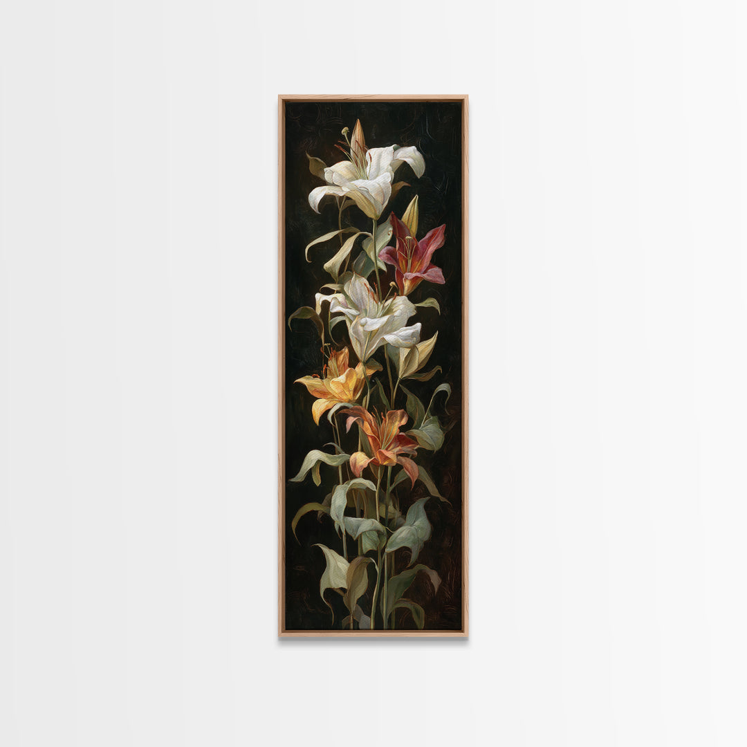 Lily Bouquet with Dramatic Dark Background Canvas Print, Floral Art, Art Nouveau Decor, Living Room Decor, Fine Art, Bloom, FLO-1x3-56