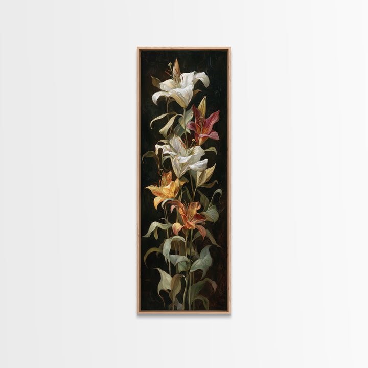 Lily Bouquet with Dramatic Dark Background Canvas Print, Floral Art, Art Nouveau Decor, Living Room Decor, Fine Art, Bloom, FLO-1x3-56