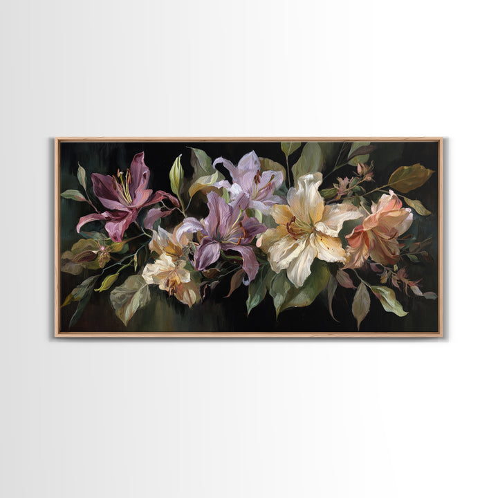 Lily Bouquet with Dramatic Dark Background Canvas Print, Floral Art, Printable, Living Room Decor, Oil Painting, Bloom, FLO-2x1-64