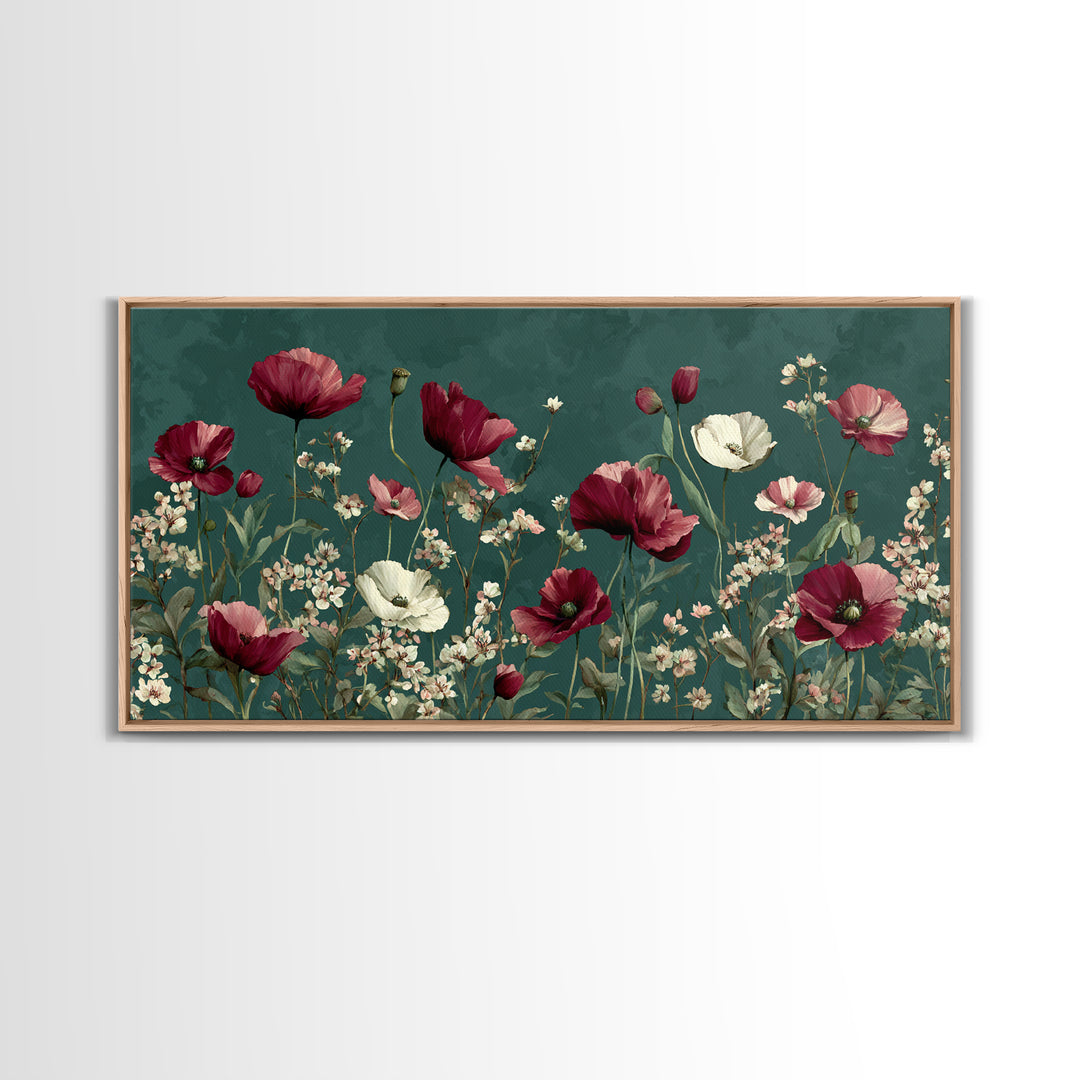 Poppy Field with Red Petals and Green Canvas Print, Floral Art, Art Nouveau Decor, Living Room Decor, Fine Art, Bloom, FLO-2x1-76
