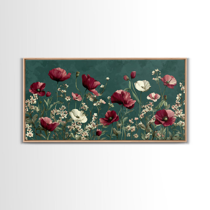 Poppy Field with Red Petals and Green Canvas Print, Floral Art, Art Nouveau Decor, Living Room Decor, Fine Art, Bloom, FLO-2x1-76