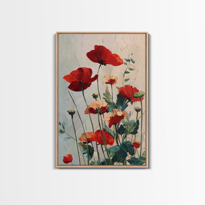 Poppy Field with Red Petals and Green Framed Canvas Print, Floral Art, Art Nouveau Decor, Living Room Decor, Fine Art, Bloom, FLO-2x3-88