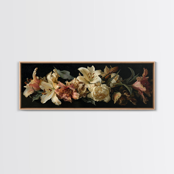 Lily Bouquet with Dramatic Dark Background Framed Canvas Print, Floral Art, Art Nouveau Locket, Living Room Decor, Bloom, FLO-3x1-12