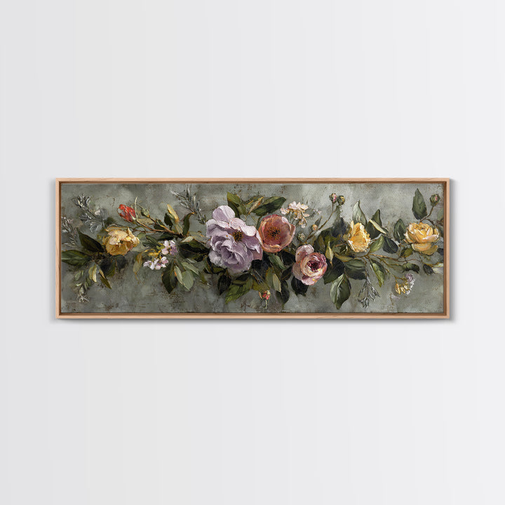 Floral Wreath of Garden Roses and Herbs Canvas Print, Floral Art, Floral Art Prints, Living Room Decor, Oil Painting, Bloom, FLO-3x1-33