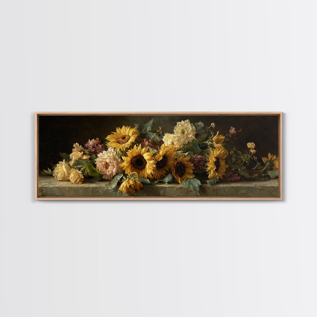 Sunflower Bouquet in Bold Golden Tones Framed Canvas Print, Floral Art, Gallery Decor, Living Room Decor, Fine Art, Bloom, FLO-3x1-69