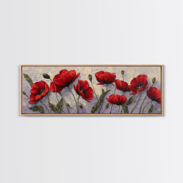 Poppy Field with Red Petals and Green Canvas Print, Floral Art, Textured Painting, Living Room Decor, Fine Art, Bloom, FLO-3x1-96