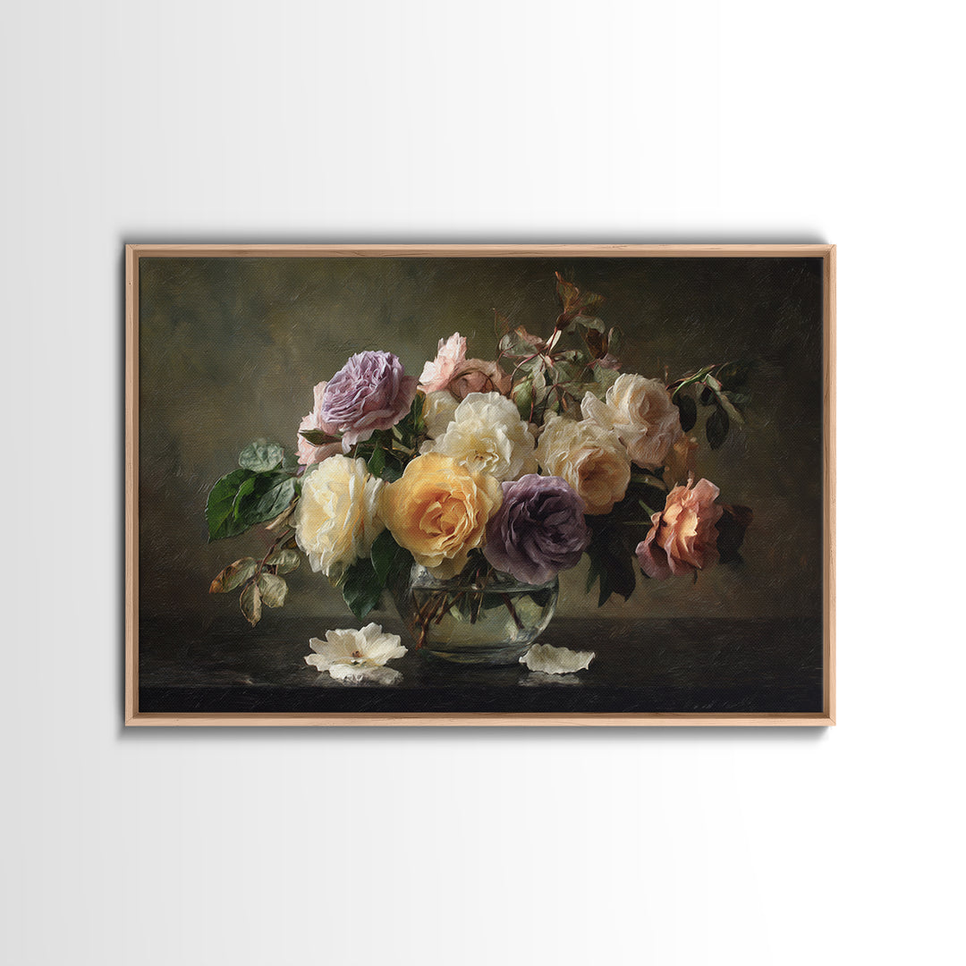 Dark Moody Roses Framed Canvas Print, Floral Art, Art Nouveau Decor, Living Room Decor, Fine Art, Bloom, Floral Decor, FLO-3x2-6
