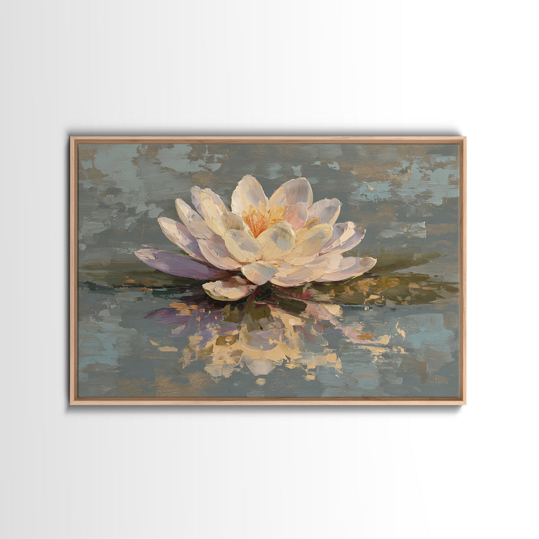 Lotus Blossom Floating on Still Water Framed Canvas Print, Floral Art, Art Nouveau Locket, Living Room Decor, Fine Art, Bloom, FLO-3x2-90