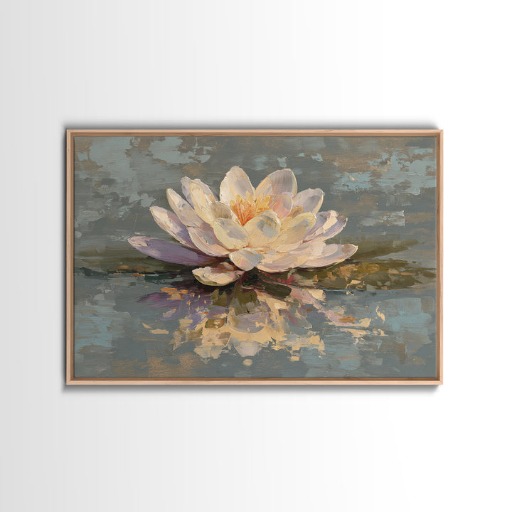 Lotus Blossom Floating on Still Water Framed Canvas Print, Floral Art, Art Nouveau Locket, Living Room Decor, Fine Art, Bloom, FLO-3x2-90