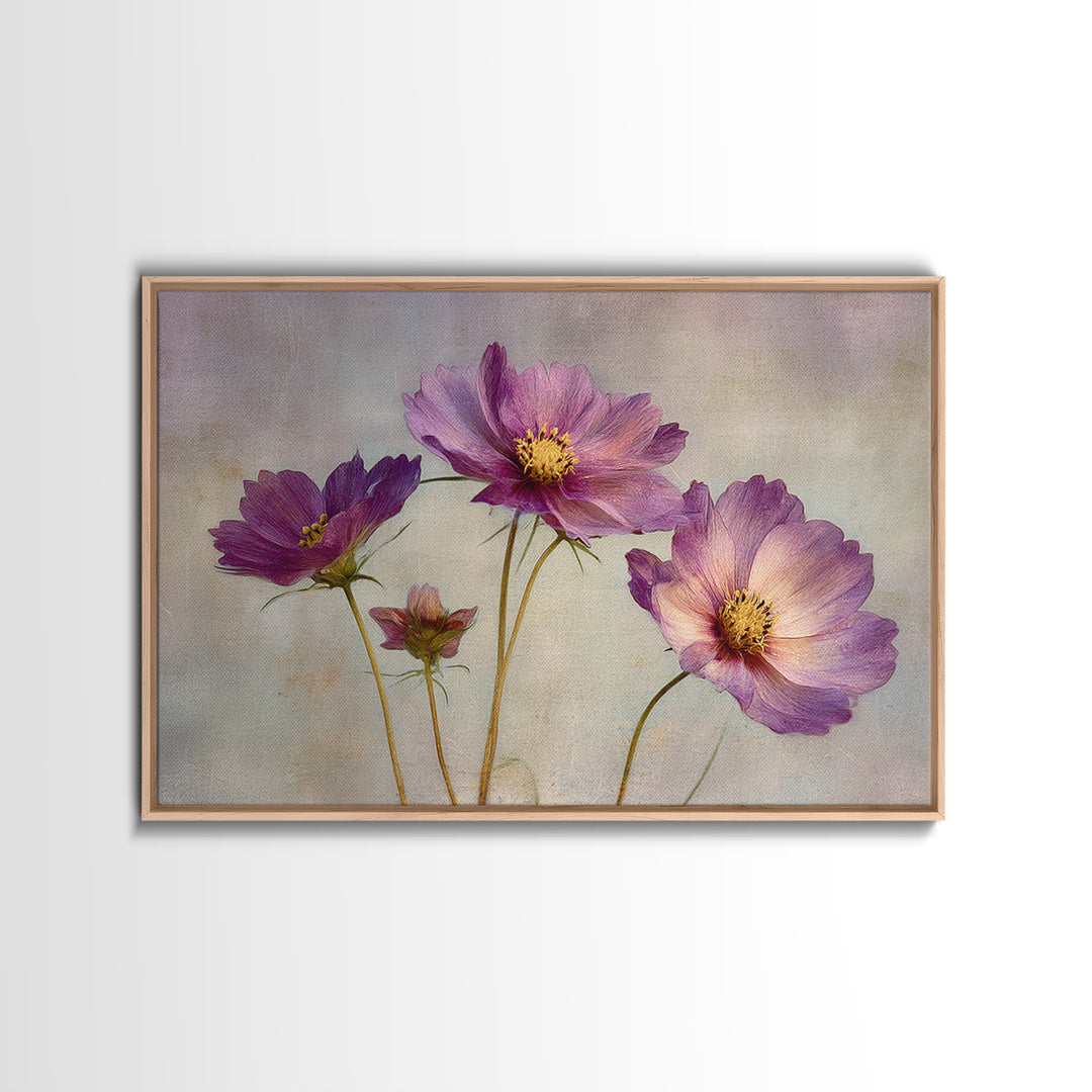 Cosmos Flowers Swaying Framed Canvas Print, Floral Art, Dark Academia Decor, Living Room Decor, Bloom, Printable Artwork, FLO-3x2-99