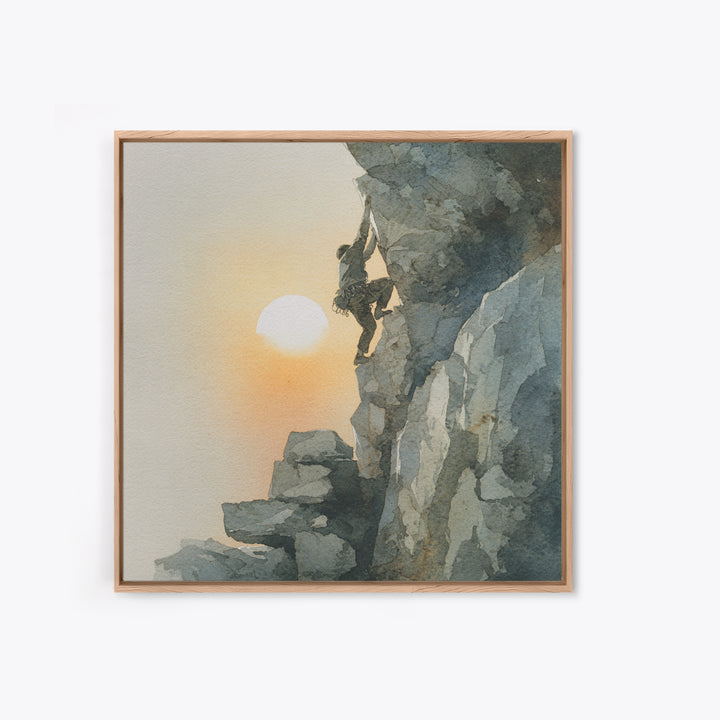 Rock Climber Reaching Toward Warm Light Framed Canvas Print, Fitness Studio Art, Dance Studio Decor, Gym Decor, Motion, FSA-1x1-63