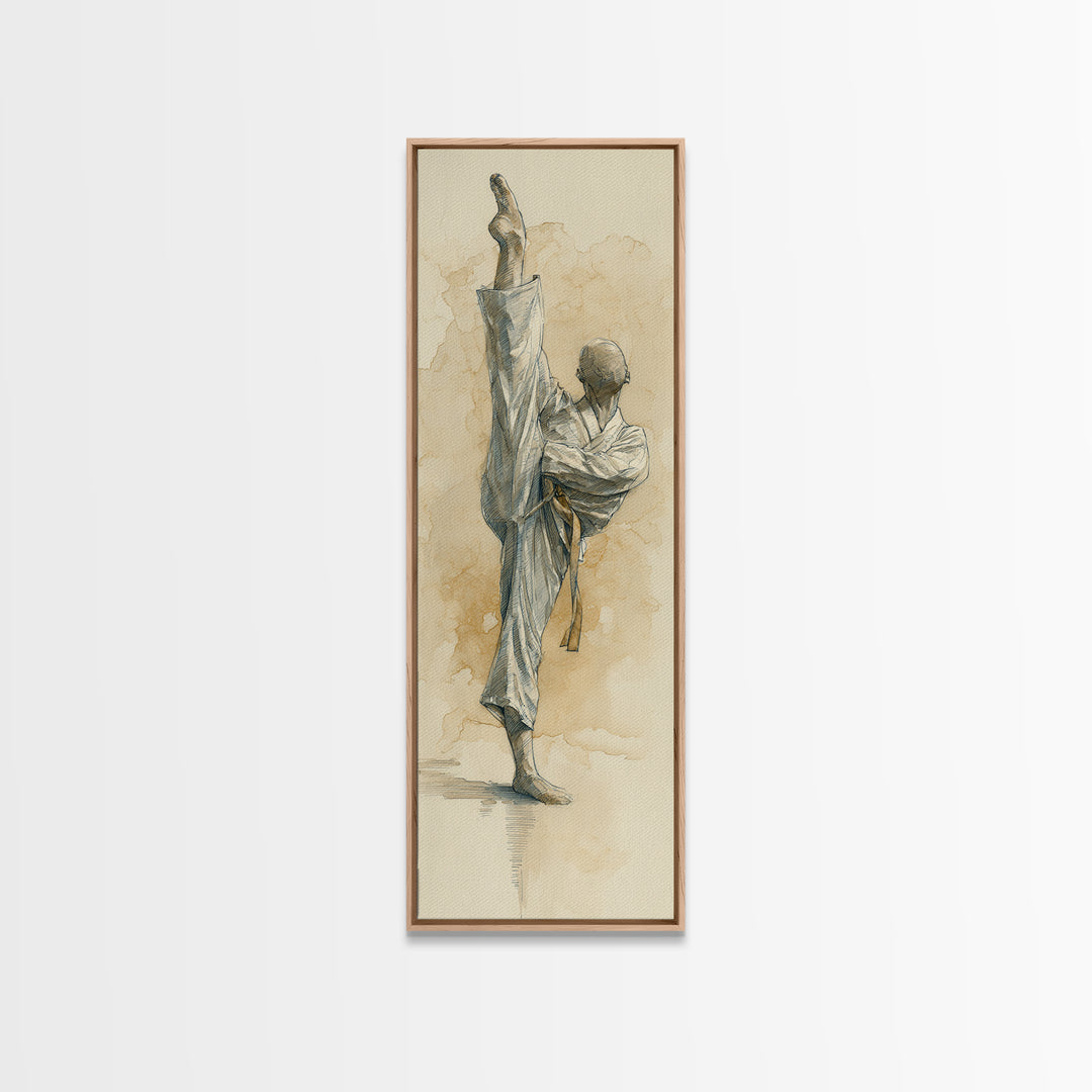 Martial Artist Pose Framed Canvas Print, Fitness Studio Art, Motivational Canvas, Gym Decor, Watercolor Art, Motion, FSA-1x3-31