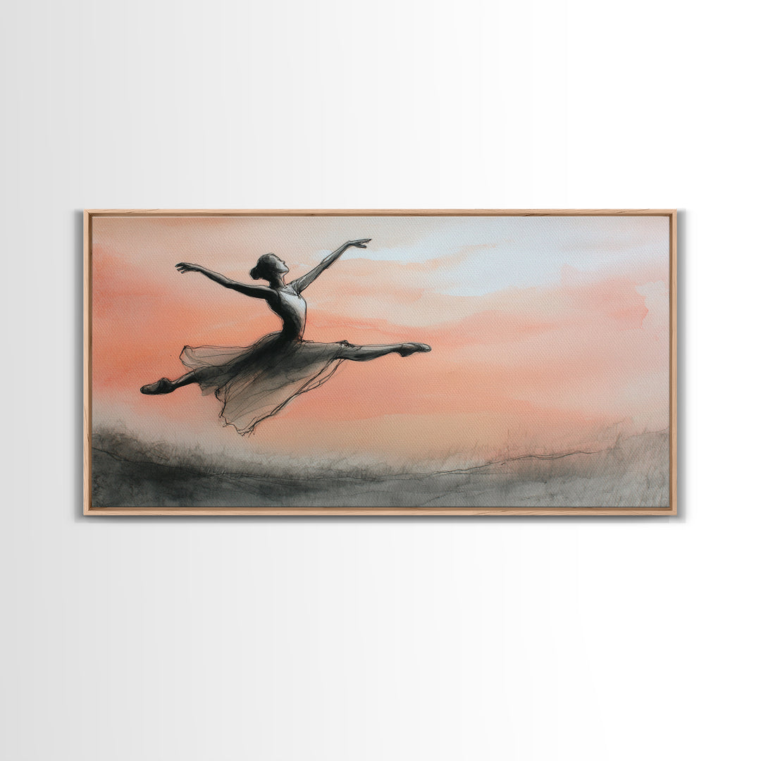 Dancer Leap with Painterly Energy Framed Canvas Print, Fitness Studio Art, Textured Painting, Gym Decor, Fine Art, Motion, FSA-2x1-7