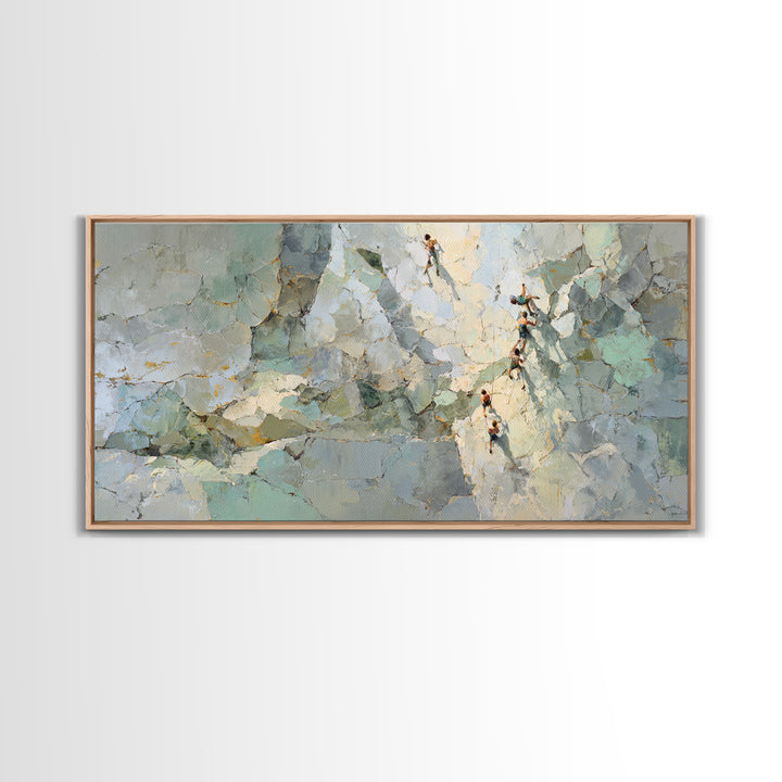 Rock Climber Reaching Toward Warm Light Framed Canvas Print, Fitness Studio Art, Boho Decor, Gym Decor, Fine Art, Motion, FSA-2x1-83