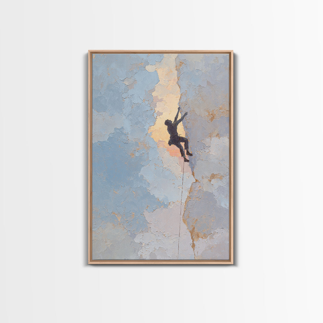 Rock Climber Reaching Toward Warm Light Framed Canvas Print, Fitness Studio Art, Physical Therapy Art, Gym Decor, Abstract Art, FSA-2x3-47